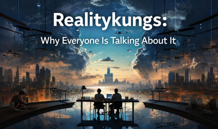 Surreal cityscape with people at computers under dramatic sky – RealityKubgs trend explained