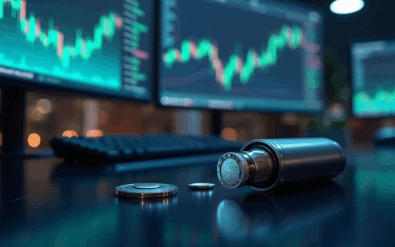 Trading desk with nickel price charts on screens and nickel coins on desk for fintechzoom.com nickel market analysis