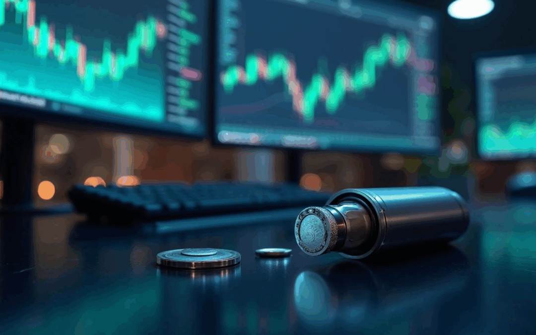 Trading desk with nickel price charts on screens and nickel coins on desk for fintechzoom.com nickel market analysis