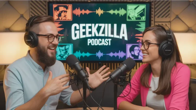 Geekzilla.io podcast hosts recording fun episode with microphones and colorful sound wave backdrop.