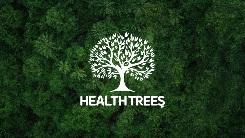health threetrees com vn – Tree logo on green nature backdrop for health and wellness platform