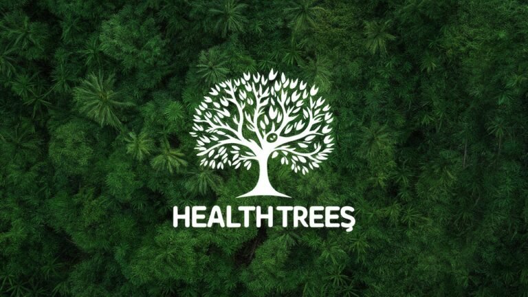 health threetrees com vn – Tree logo on green nature backdrop for health and wellness platform