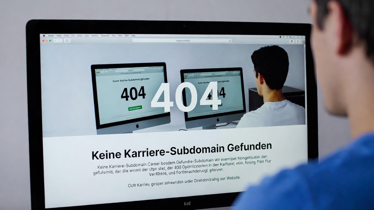 Person viewing "Keine Karriere-Subdomain Gefunden" 404 error on career subdomain page