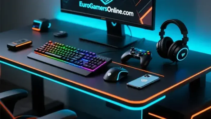 Neon gaming desk with EuroGamersOnline.com RGB keyboard, mouse, controller, headphones.