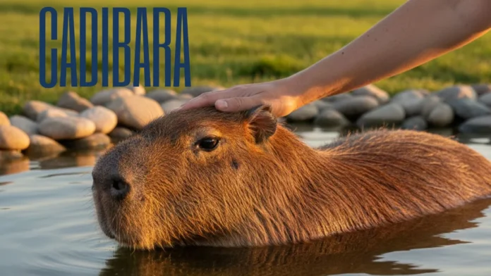 Cadibara relaxing in water, hand petting its head.