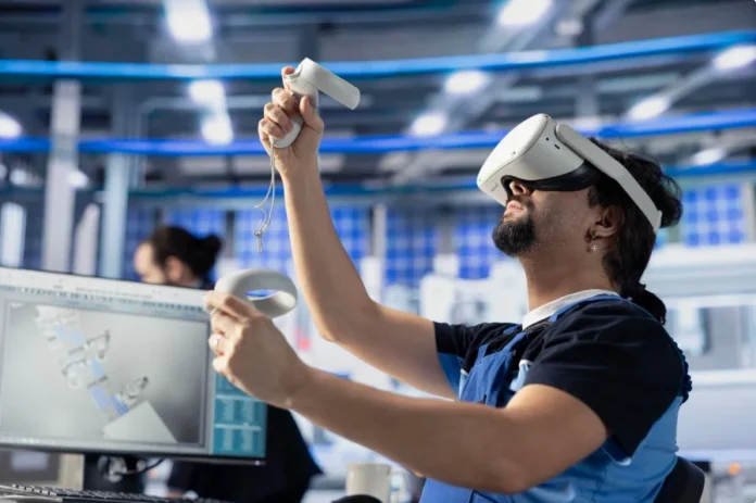 Engineer in VR headset examining repmold prototype in modern factory setting.