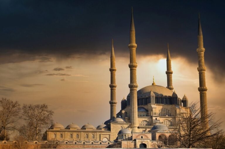 Türk Idla inspired view of Selimiye Mosque with four minarets at dramatic sunset in Turkey