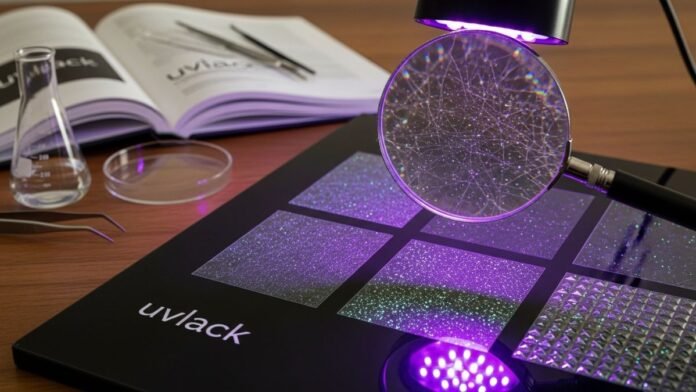 Uvlack UV coating demo: glowing patterns under magnifier and purple UV light.